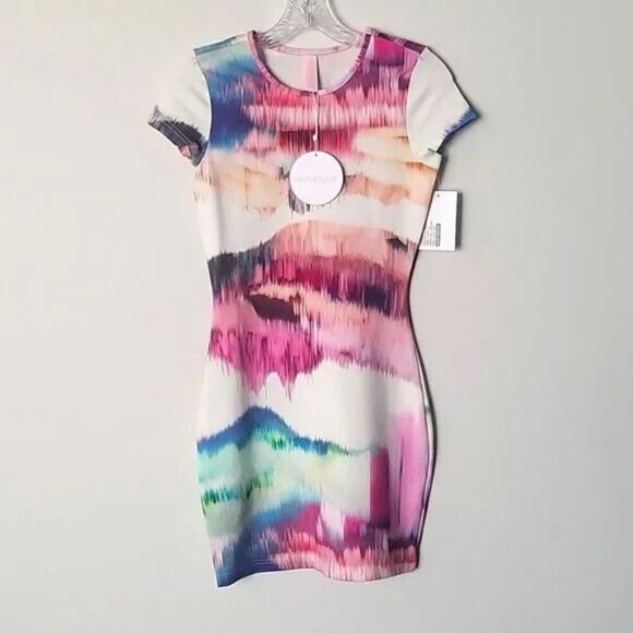 NWT Isla Lulu White Pink BodyCon Cocktail Club Watercolor Summer Mini Dress S - Picture 3 of 7